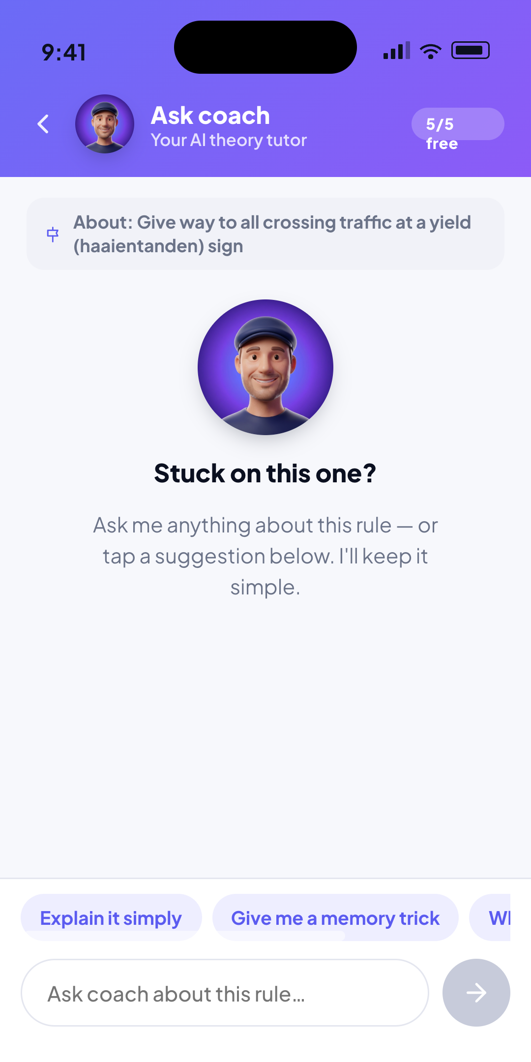 Permio Ask coach chat screen with the AI theory tutor ready to explain a yield-sign rule, with suggestion chips and a message box