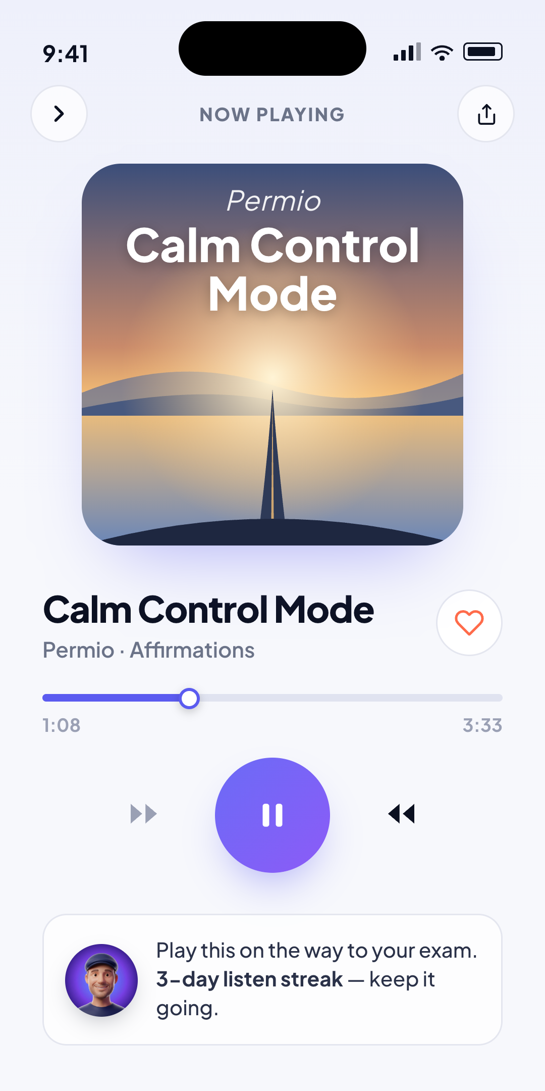Permio audio now-playing screen with the Calm Control Mode episode, playback controls and a 3-day listen streak note