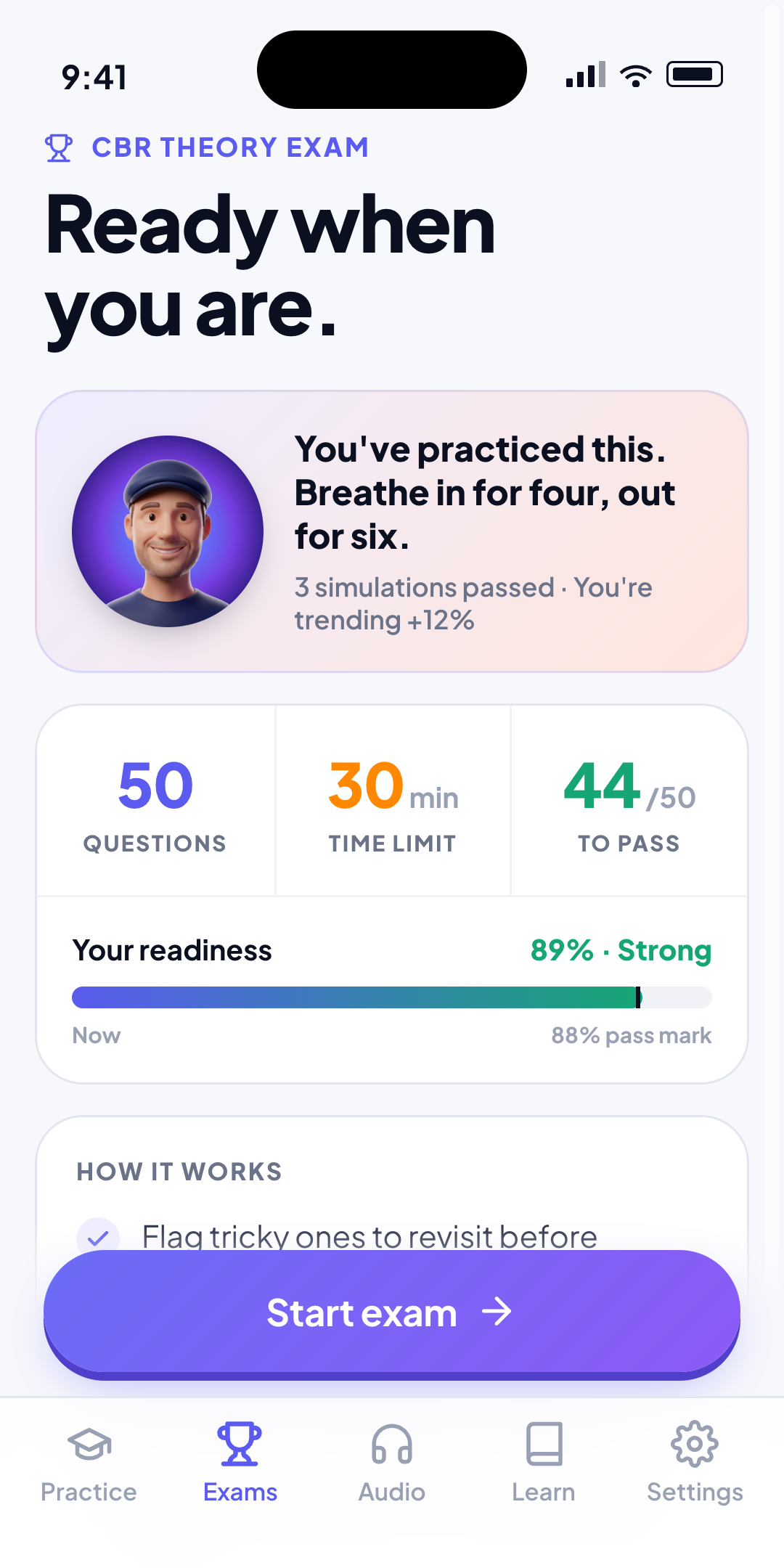 Permio mock exam intro screen: 50 questions, 30-minute time limit, 44 of 50 to pass, an 89% readiness bar and a Start exam button
