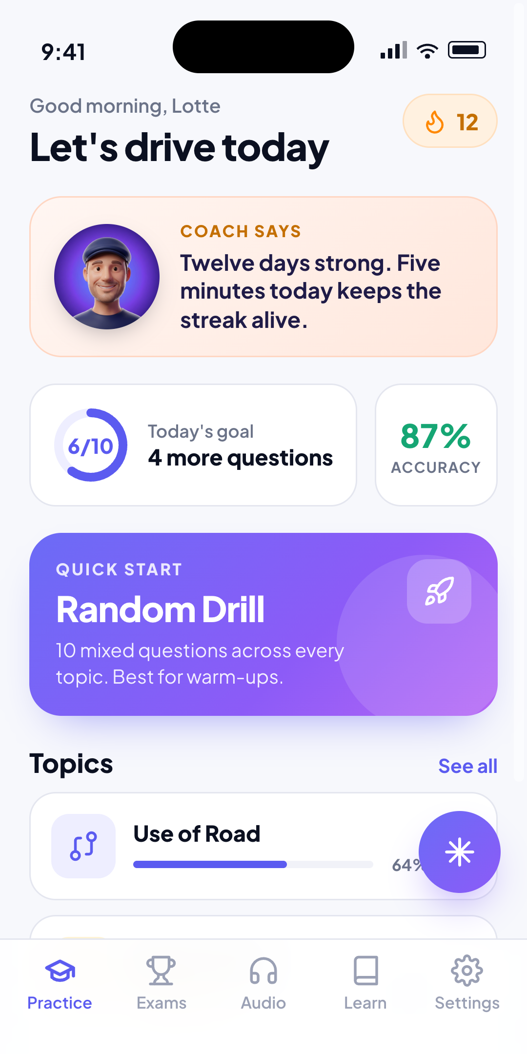 Permio practice home screen with a coach message, daily goal ring, 87% accuracy, Random Drill quick start and topic list