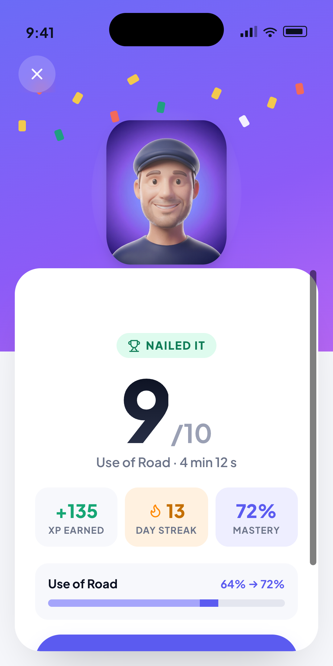 Permio results screen celebrating 9 out of 10 on Use of Road, with XP earned, a 13-day streak and 72% topic mastery